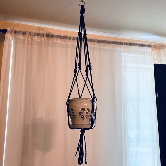 Plant Hanger Macrame Braids Knots Beads Black Dark Brown Wooden Bead Accents - Picture 2 of 6